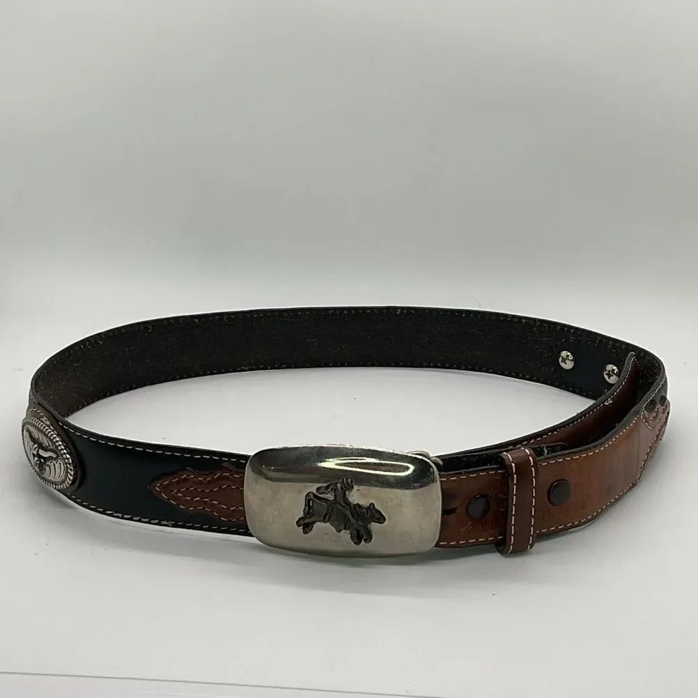 Nocona Brown And Black Leather Belt with Silver Toned embellishments